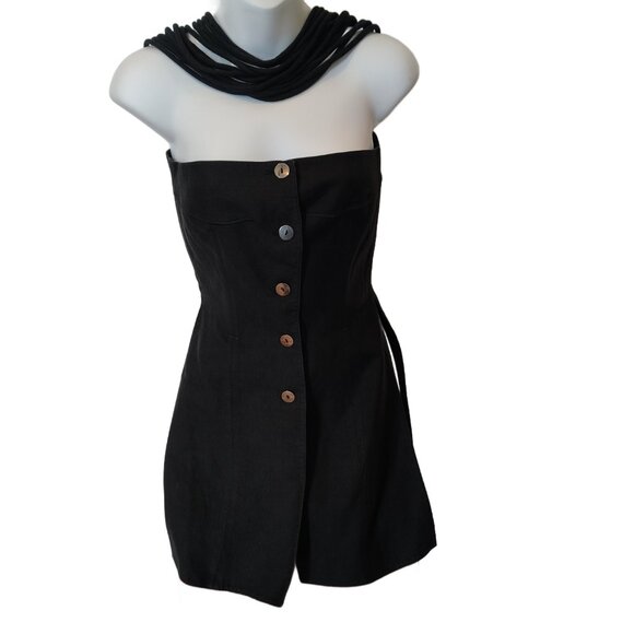 Vtg 1980s Claude Montana Black Linen Long Corset Top w' Rope Neckline Size 4 - Picture 2 of 11